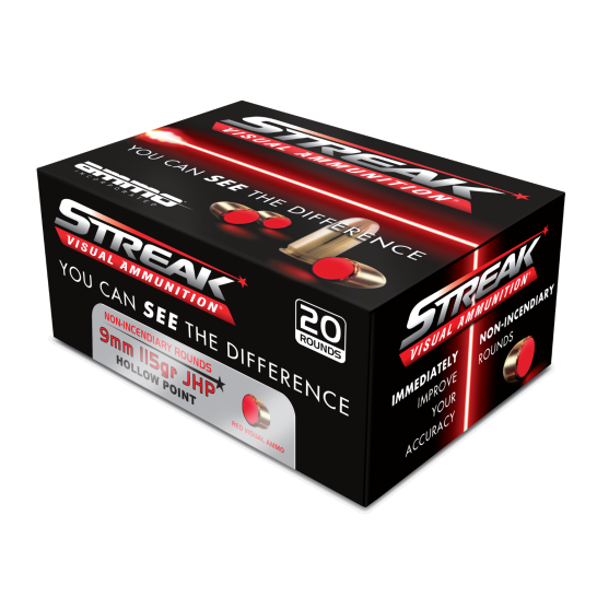 o Inc 9115JHPSTRKRED Streak Visual (RED) 9mm Luger 115gr Jacketed Hollow Point 20 Per Box/10 Case Ammo